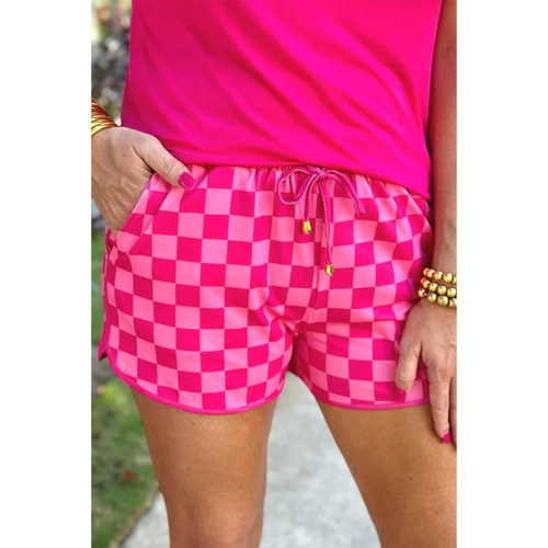 Rose Checkered Drawstring Elastic Waist Casual Shorts - L - Main Image