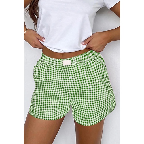 Fern Green Red Plaid Gingham Printed High Waist Shorts - XL - Main Image