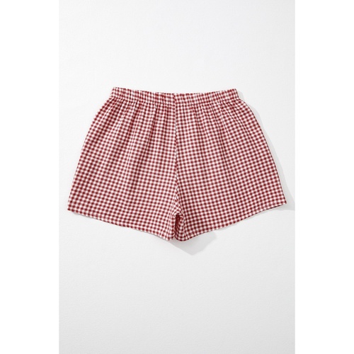Red Plaid Gingham Printed High Waist Shorts - L - Main Image