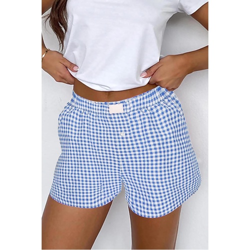 blue Red Plaid Gingham Printed High Waist Shorts - L - Main Image