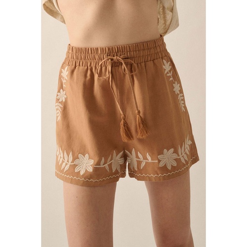 Khaki Embroidered Boho Tasseled Drawstring Elastic Waist Casual shorts - M - Main Image