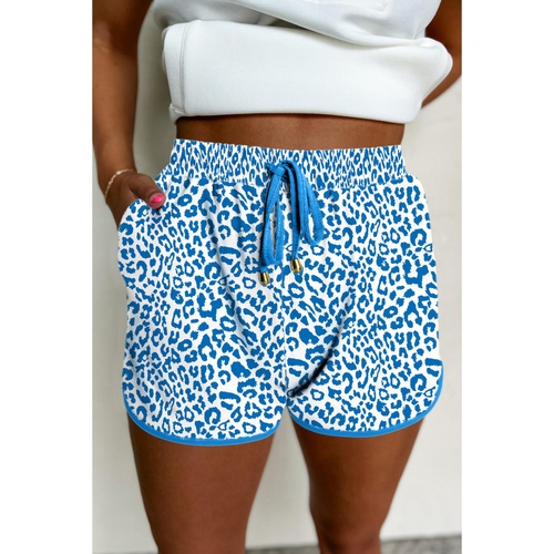 Blue Leopard Elastic Waist Lace up Contrast Trim Casual Shorts - S - Main Image