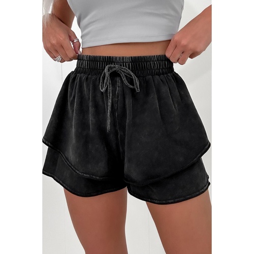 Black Mineral Wash French Terry High Waist Casual Shorts - M - Main Image