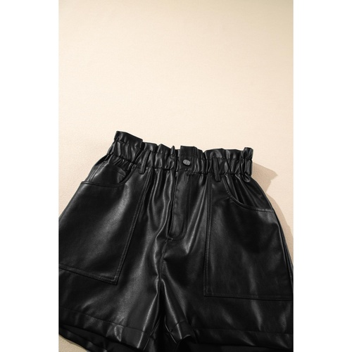 Black Faux Leather Paper Bag Waist High Rise Shorts - S - Main Image