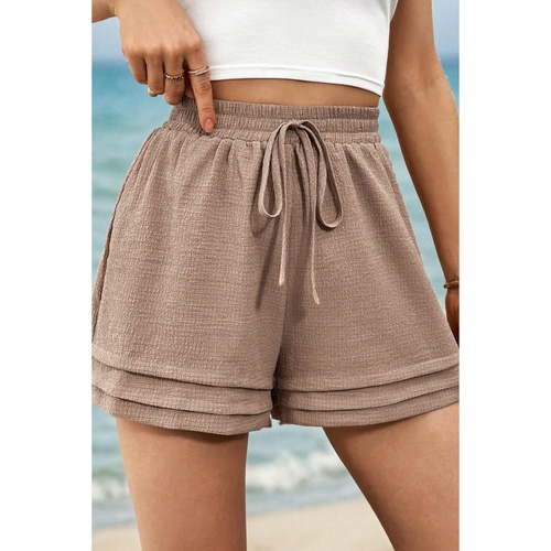 Straw Yellow Textured Tiered Edge High Waist Casual Shorts - M - Main Image