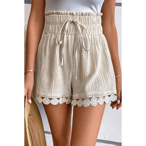 Apricot Textured Frilled Knotted High Waist Lace Hem Shorts - M - Main Image