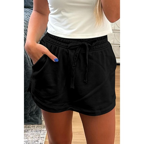 Black French Terry Drawstring Mini Skort with Pockets - L - Main Image