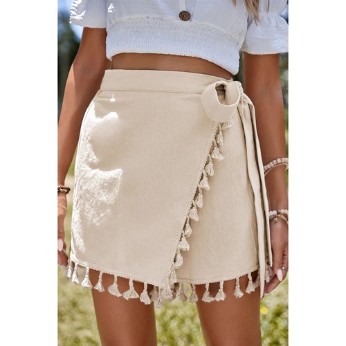 Apricot Tassel Trim Wrap Knot Side Bohemian Style Mini Skort - XL - Main Image