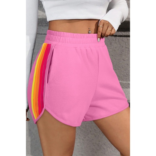 Bonbon Color Block Stripes Elastic High Waist Active Shorts - L - Main Image