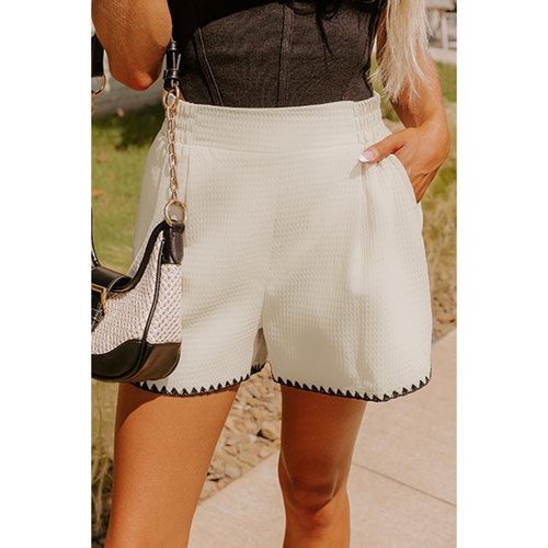 White Waffle Texture Contrast Ricrac Hemline Casual Shorts - S - Main Image