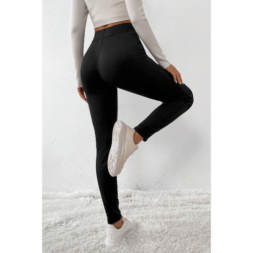 Black Crossed Waist Seamed Leg Thermal Leggings - S - Main Image