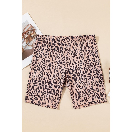 Khaki Leopard Print Ribbed Textured Knit Biker Shorts - XL - Main Image