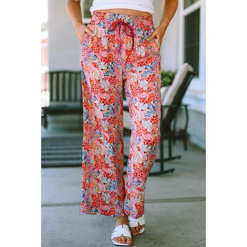 Azura Exchange Print Drawstring Smocked High Waist Pants - S - Main Image