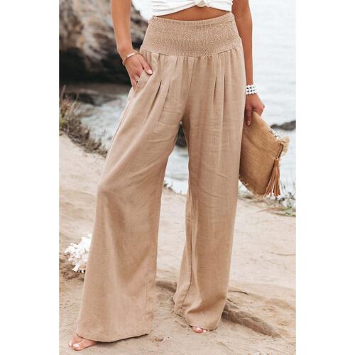 Azura Exchange Smocked High Waist Wide Leg Pants in Khaki - L - Main Image