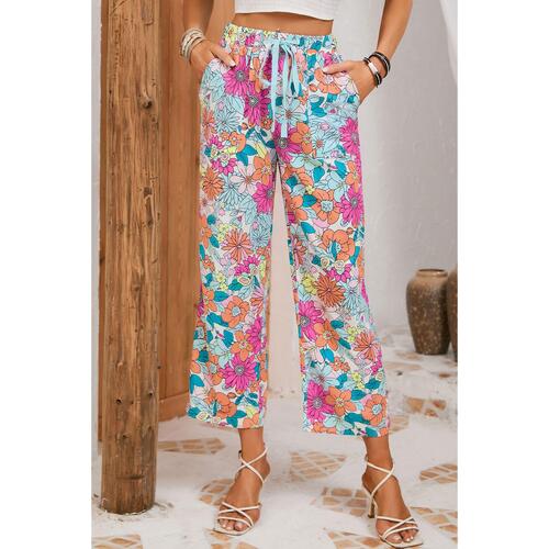 Azura Exchange Flower Print Pocketed Drawstring Waist Wide Leg Pants - L - Main Image