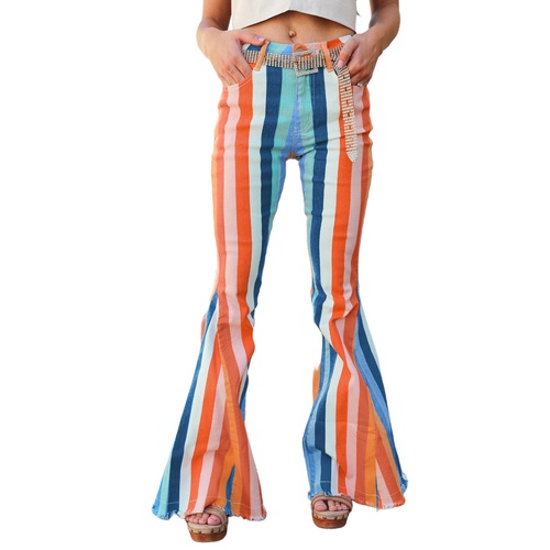 Multicolor Striped Raw Hem Flared Bottom Denim Pants - 8 US - Main Image