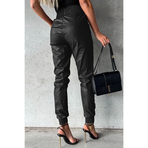 Black Smocked High-Waist Leather Skinny Pants - L - Main Image