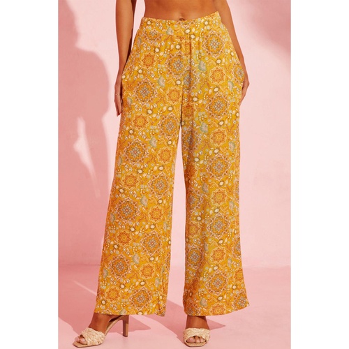 Yellow Bohemian Floral Print Pocketed Wide Leg Pants - L - Main Image