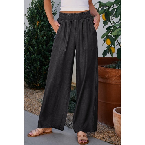 Black Side Pockets Frilled Smocked High Waist Wide Leg Jeans - M - Main Image
