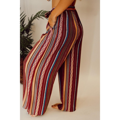 Red Boho Ethnic Striped Print Tie Waist Wide Leg Pants - S - Main Image