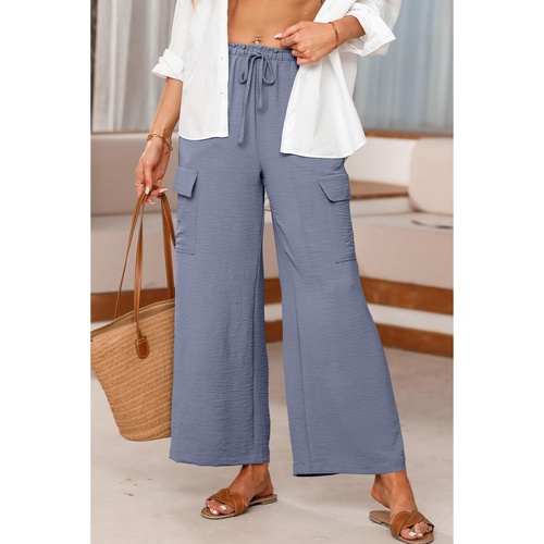Dark Grey Drawstring Frilled Waist Wide Leg Utility Trousers - L - Main Image