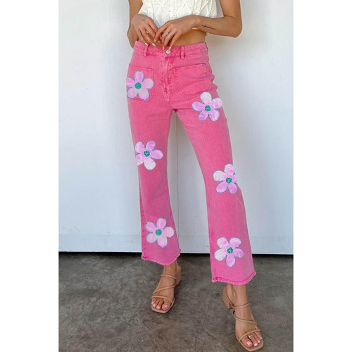 Pink Flower Patterns Raw Hem Flare Jeans - 16 US - Main Image