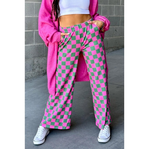 Green 2-Tone Checked Print High Waist Wide Leg Pants - S - Main Image