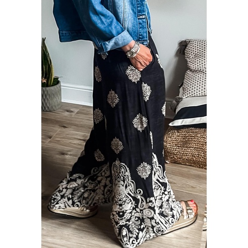 Black Bohemian Printed Drawstring Waist Wide Leg Pants - M - Main Image