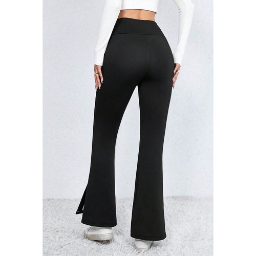 Black Thermal Lined Split Flare Leg Pants - S - Main Image