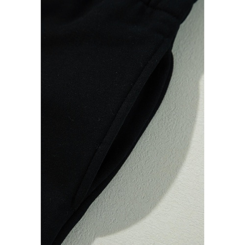 Black Solid Color Fleece Lined Drawstring Waist Casual Pants - M - Main Image