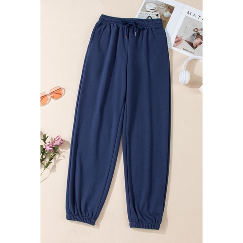 Navy Blue Solid Color Fleece Lined Drawstring Waist Joggers - 2XL - Main Image