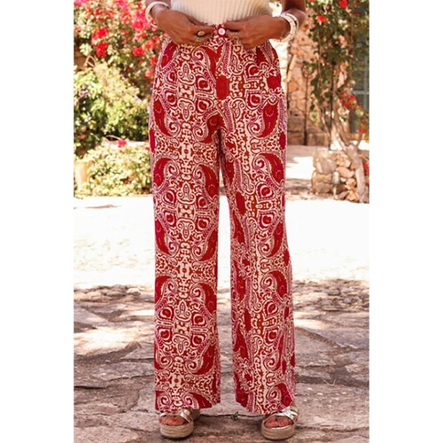 Red Paisley Printed Buttoned High Waist Straight Leg Pants - L - Main Image