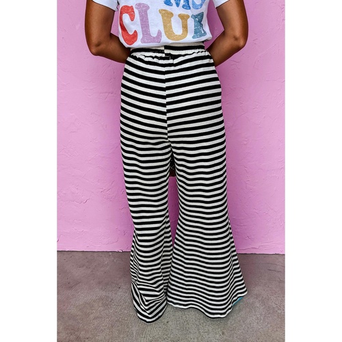 Black Stripe Lace-up Waist Casual Flared Pants - L - Main Image