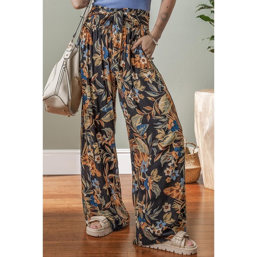 Multicolour Floral Shirred High Waist Wide Leg Pants with Tie - M - Main Image