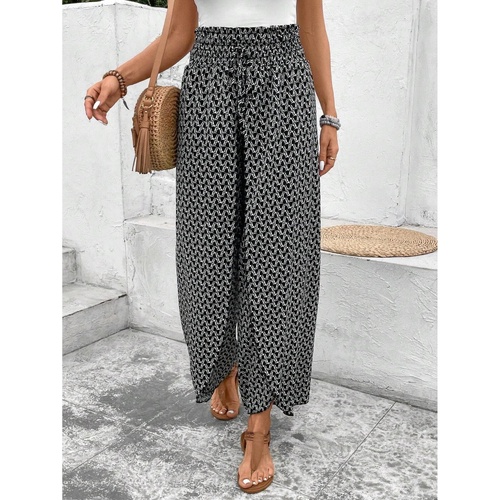 Black Bohemian Print Slit Wide Leg Smocked High Waist Pants - L - Main Image