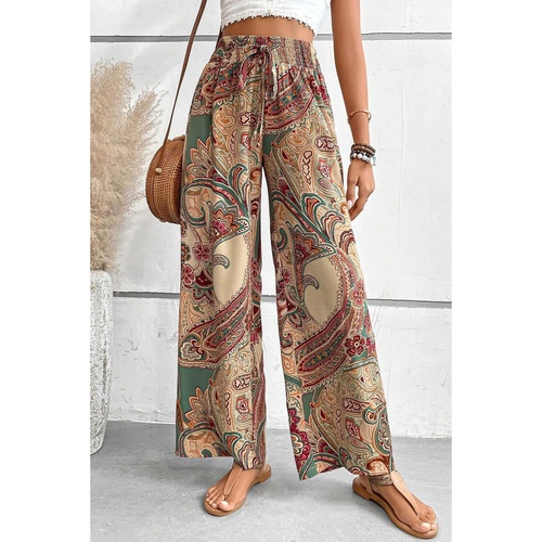 Khaki Paisley Print Boho Elastic Waist Wide Leg Pants - L - Main Image