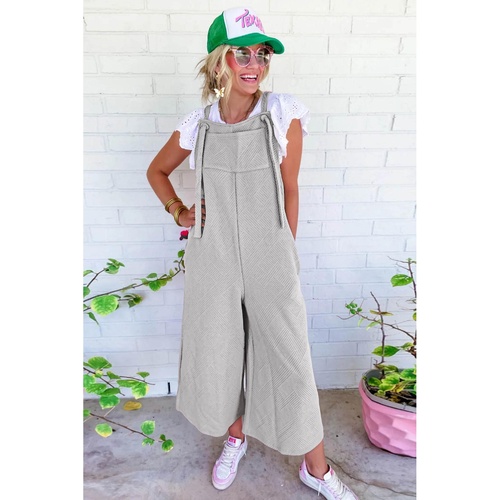 Light Grey Textured Self-Tie Strap Wide-Leg Overalls - L - Main Image