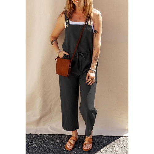 Black Drawstring Buttoned Straps Cropped Overall - S - Main Image