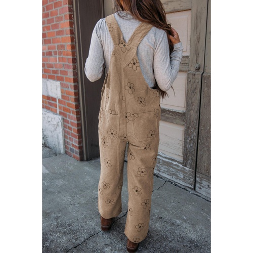 Khaki Flower Print Corduroy Overalls - L - Main Image