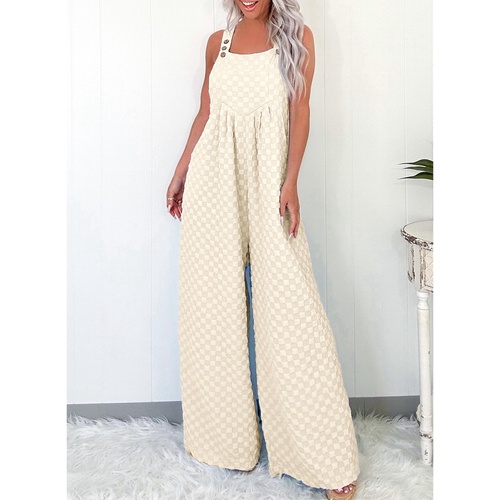Beige Checkered Pocketed High Waist Wide Leg Overall - S - Main Image