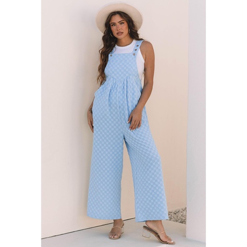 Beau Blue Checkered Pocketed High Waist Wide Leg Overall - M - Main Image