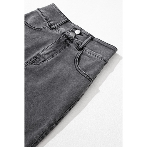 Black Raw Edge Side Slits Buttoned Midi Denim Skirt - L - Main Image