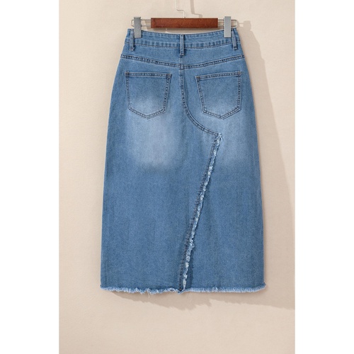Light Blue Frayed Slit Asymmetric Denim Midi Skirt - XL - Main Image