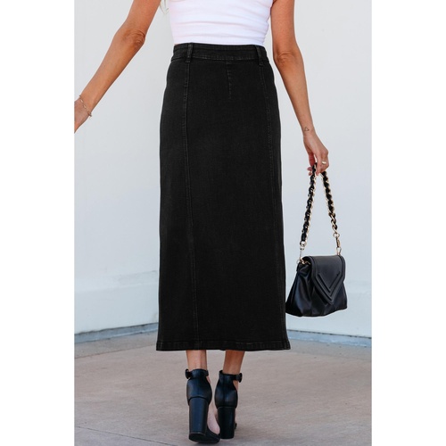 Black Button Fly Side Split High Waist Denim Midi Skirt - XL - Main Image