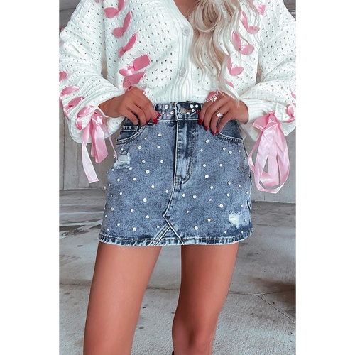 Dusk Blue Rhinestone Distressed Denim High Waist Mini Skirt - L - Main Image