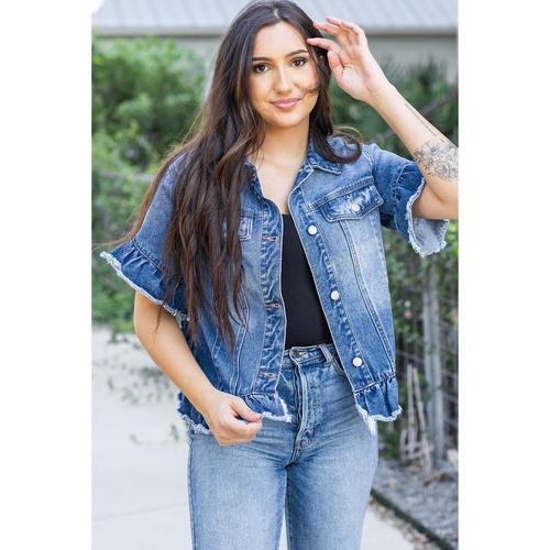 Peacock Blue Raw Edge Ruffled Short Sleeve Denim Jacket - S - Main Image