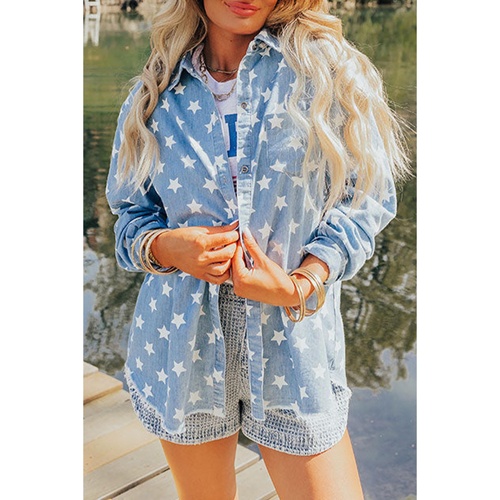 Sky Blue Star Print Light Wash Raw Hem Denim Jacket - L - Main Image
