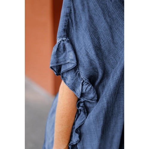 Dusk Blue Chambray Ruffle Hem Half Sleeve Open Loose Kimono - L - Main Image