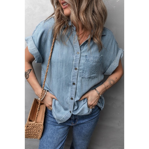 Dusk Blue Folded Short Sleeve Patched Pocket Denim Shirt - L - Main Image