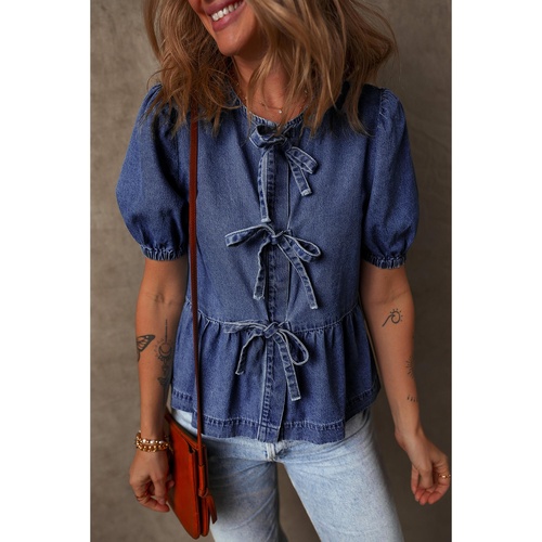 Sail Blue Tied Front Bubble Sleeve Peplum Denim Shirt - XL - Main Image